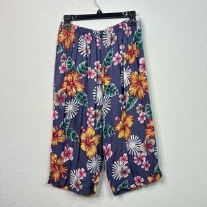 Aloha Hut Hawaii Vintage Floral Wide Leg Crop Pull On Pants Pockets Size L
